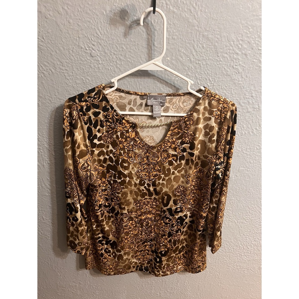 Chicos Travelers Brown Black  Goldish 3/4 Sleeve Top‎ Womens Size 0